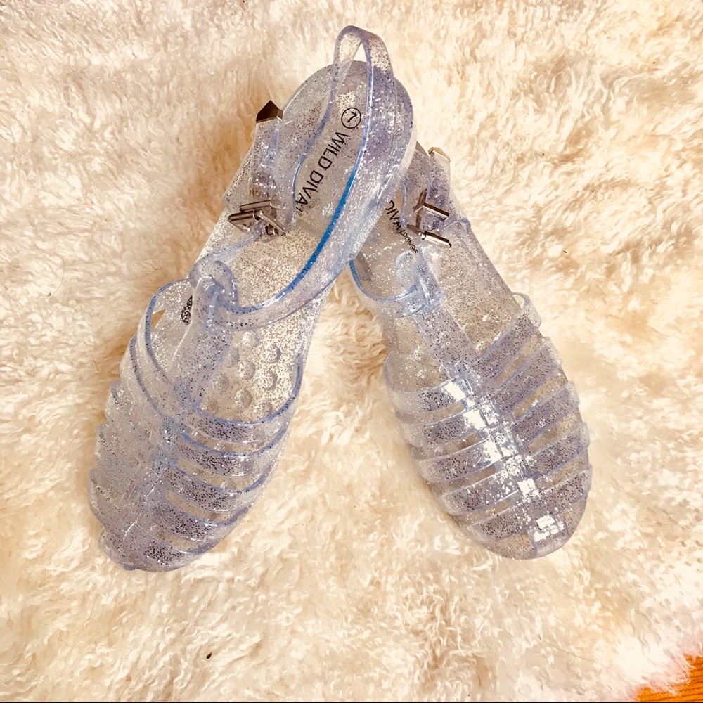 Silver sparkle jelly shoes, retro jellies sandals